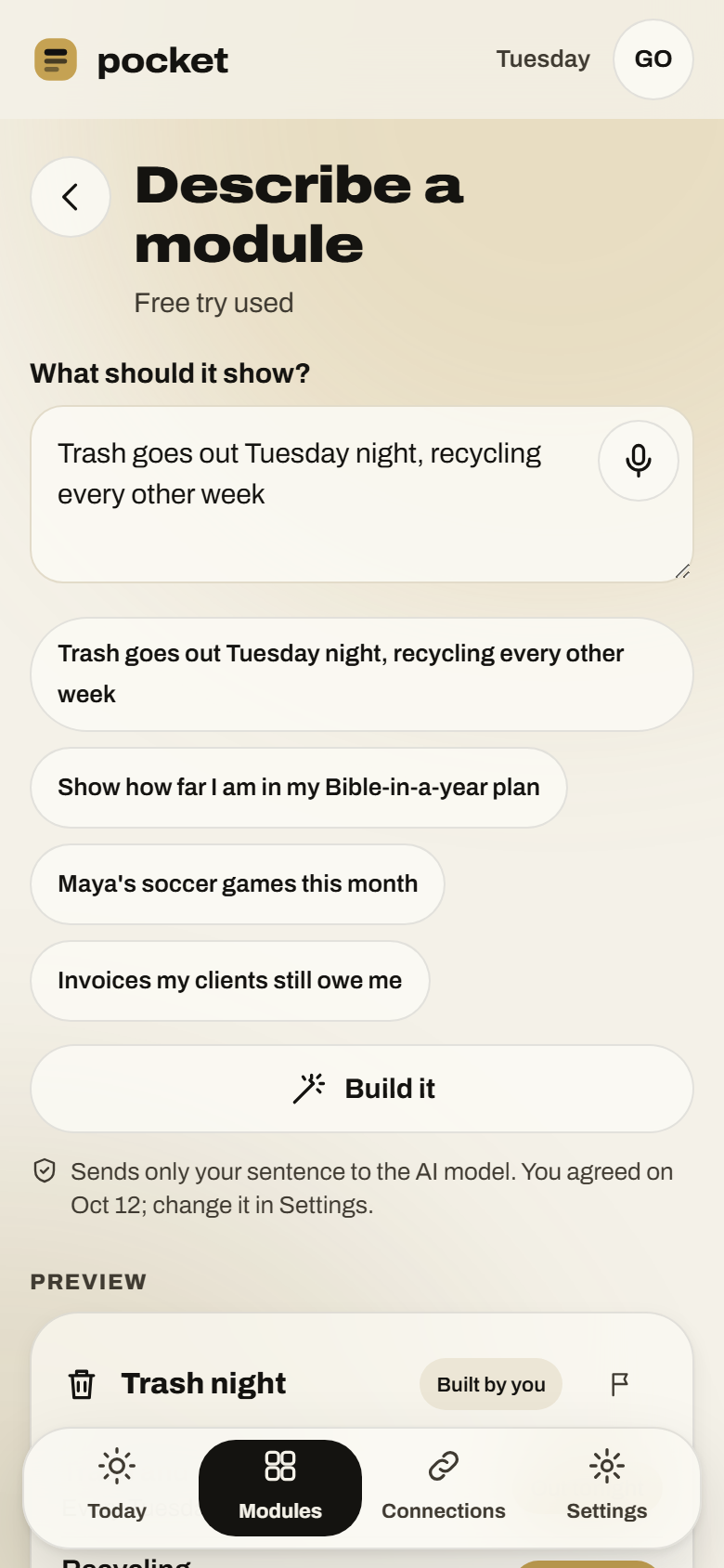 Describe a module screen