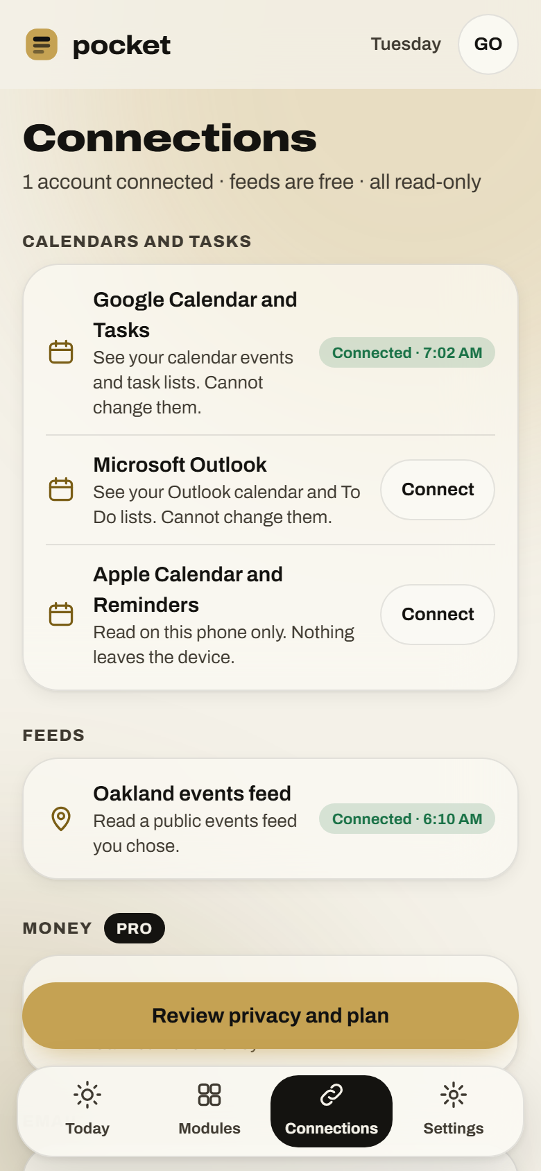 Connections screen