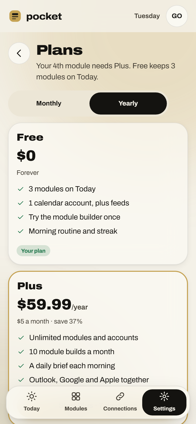 Plans screen