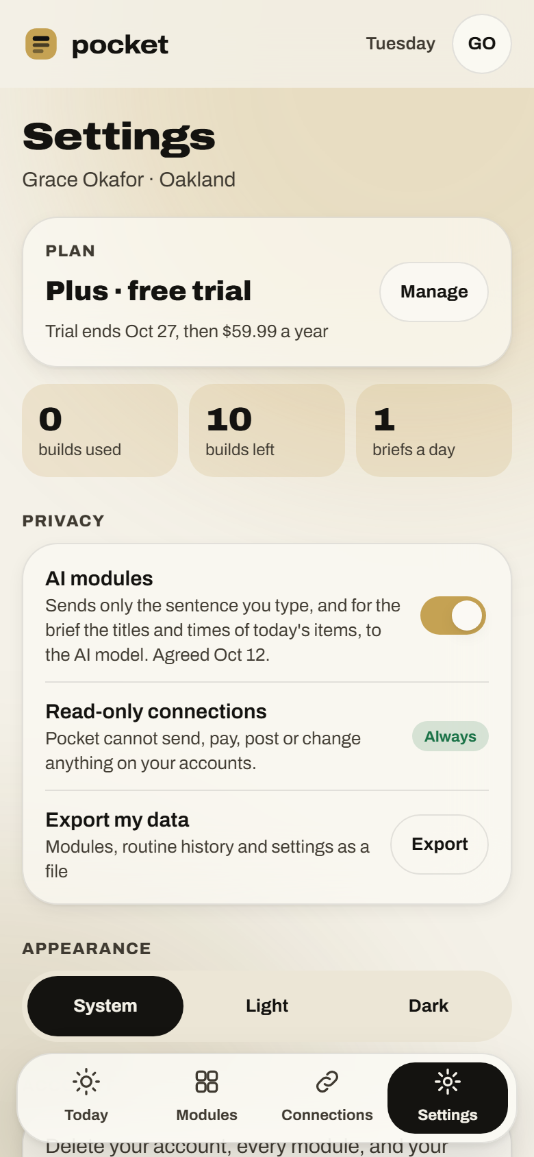 Settings screen